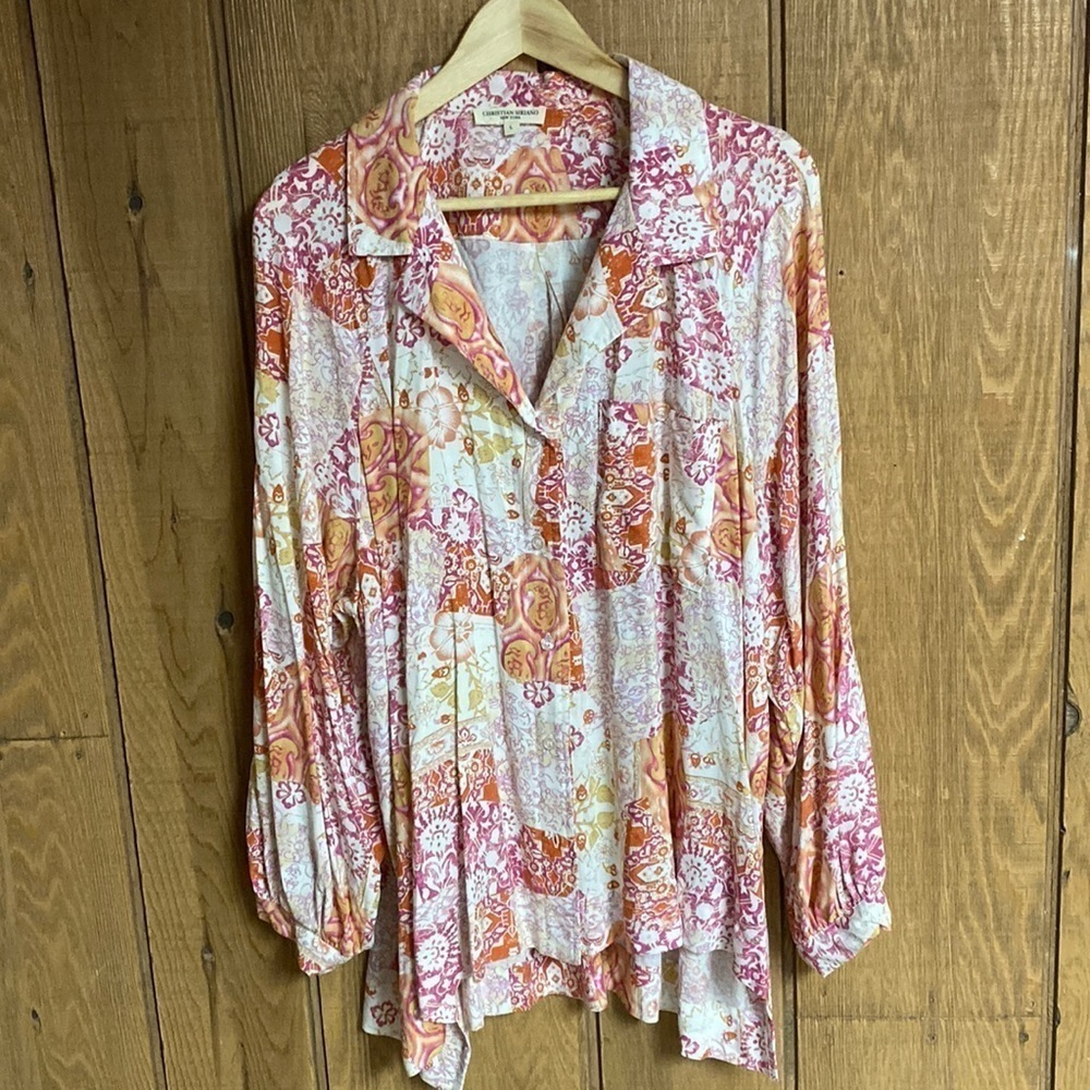 Christian Siriano long sleeve 100% rayon patchwork floral‎ blouse size L